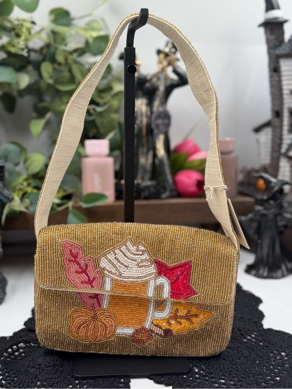 Sol and Mer Pumpkin Spice Latte Beaded Shoulder Bag Fall NWT Viral